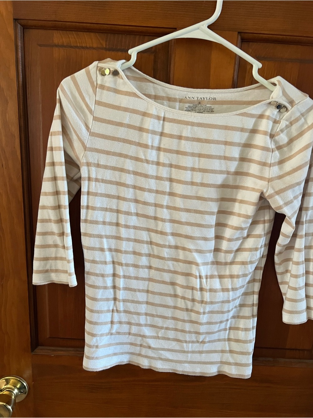Ann Taylor Beige and White Striped Boatneck Knit Top